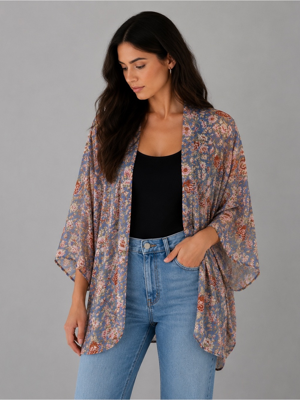 American Eagle Floral Kimono Cardigan Boho Open Front High Low L/XL